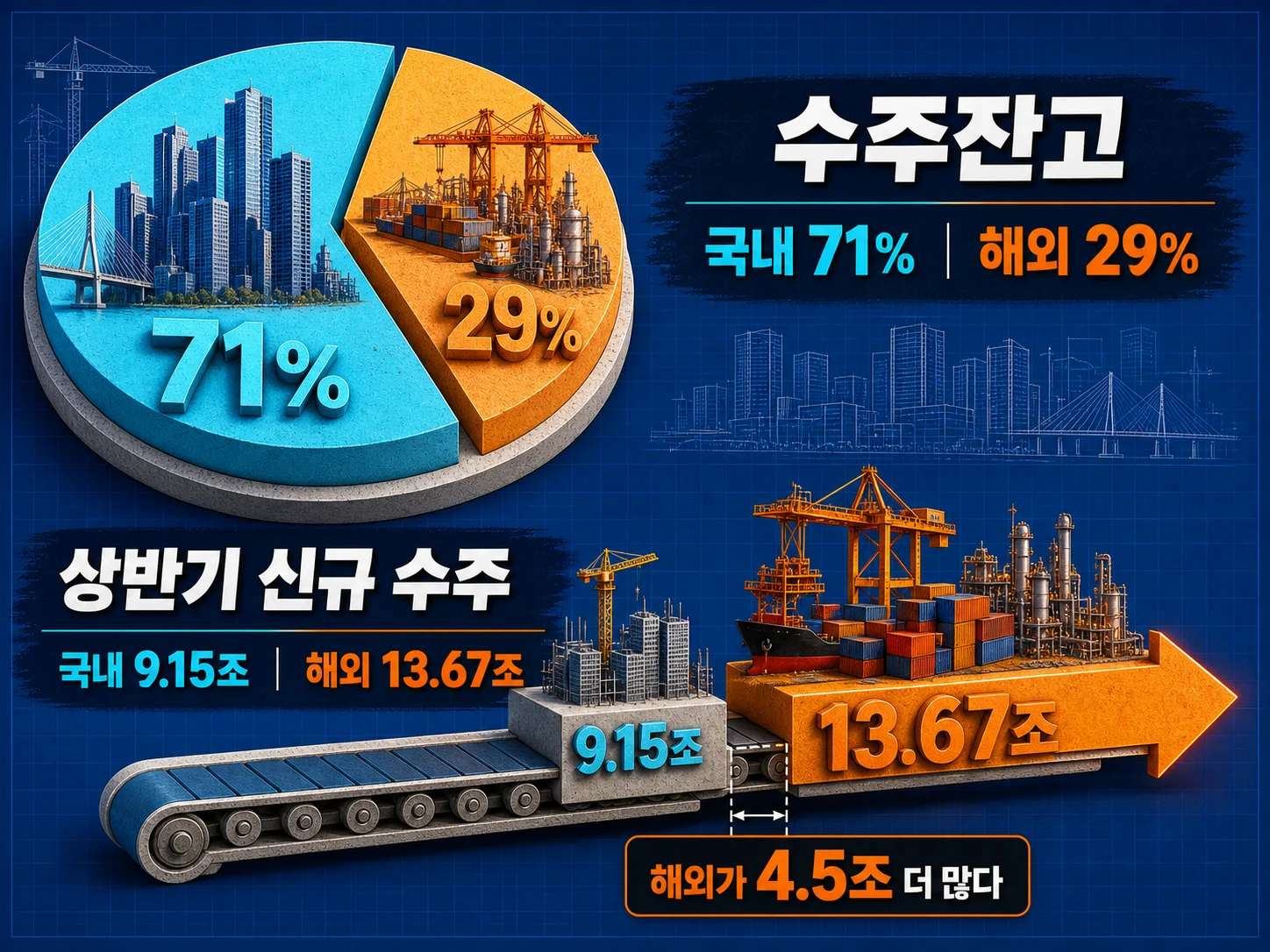 현대건설 수주잔고의 국내와 해외 비중 71대 29 비교