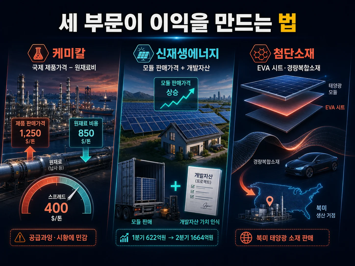 한화솔루션 세 부문의 이익 창출 방식 비교