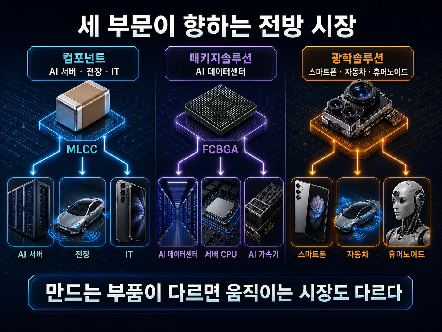 삼성전기 컴포넌트·패키지솔루션·광학솔루션의 전방 시장별 수요처 지도