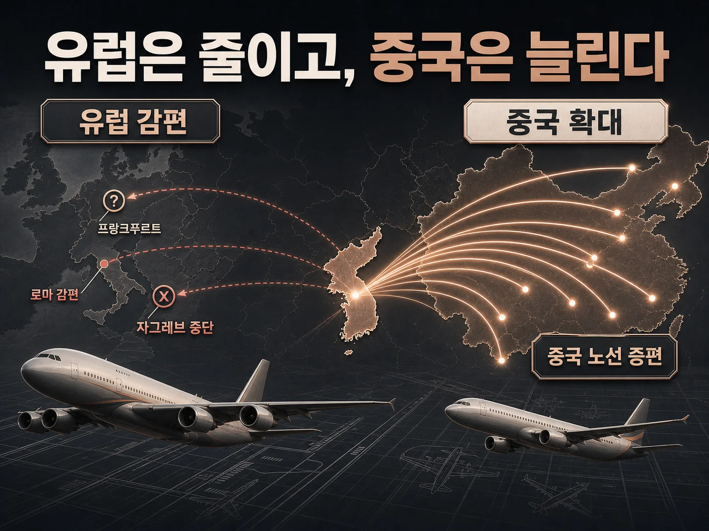 유럽 노선 감편과 중국 노선 확대를 보여주는 항공 노선 지도 이미지