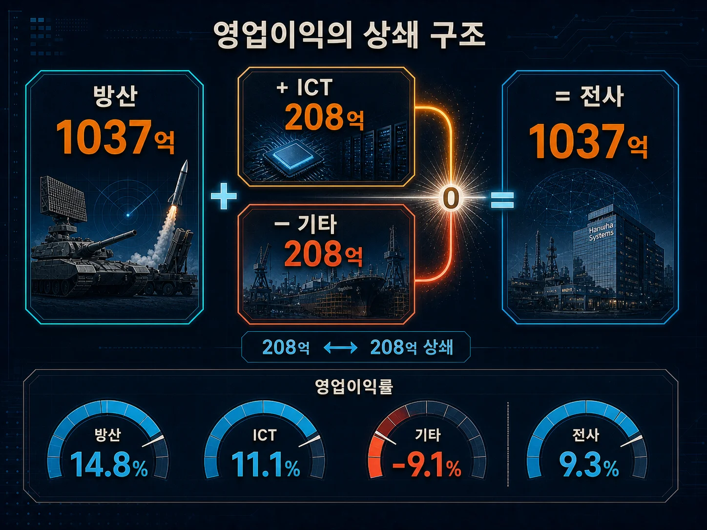 한화시스템 부문별 영업이익률 차이를 비교한 이미지