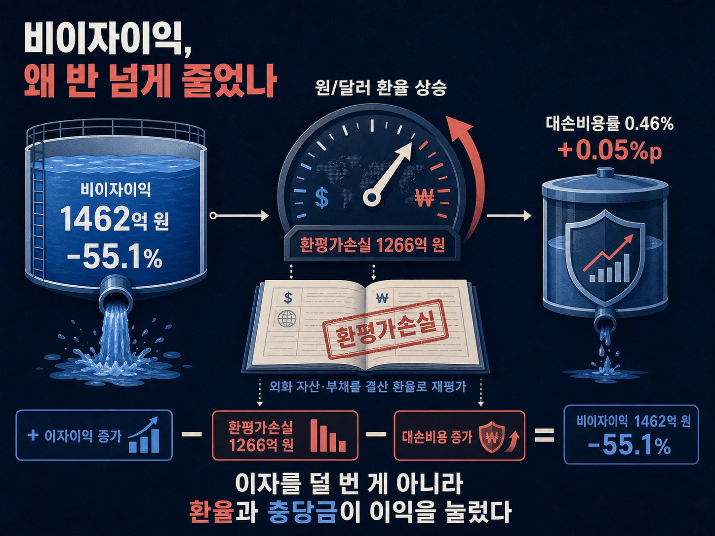 환율 상승에 따른 환평가손실과 대손비용 증가 요인을 나타낸 이미지