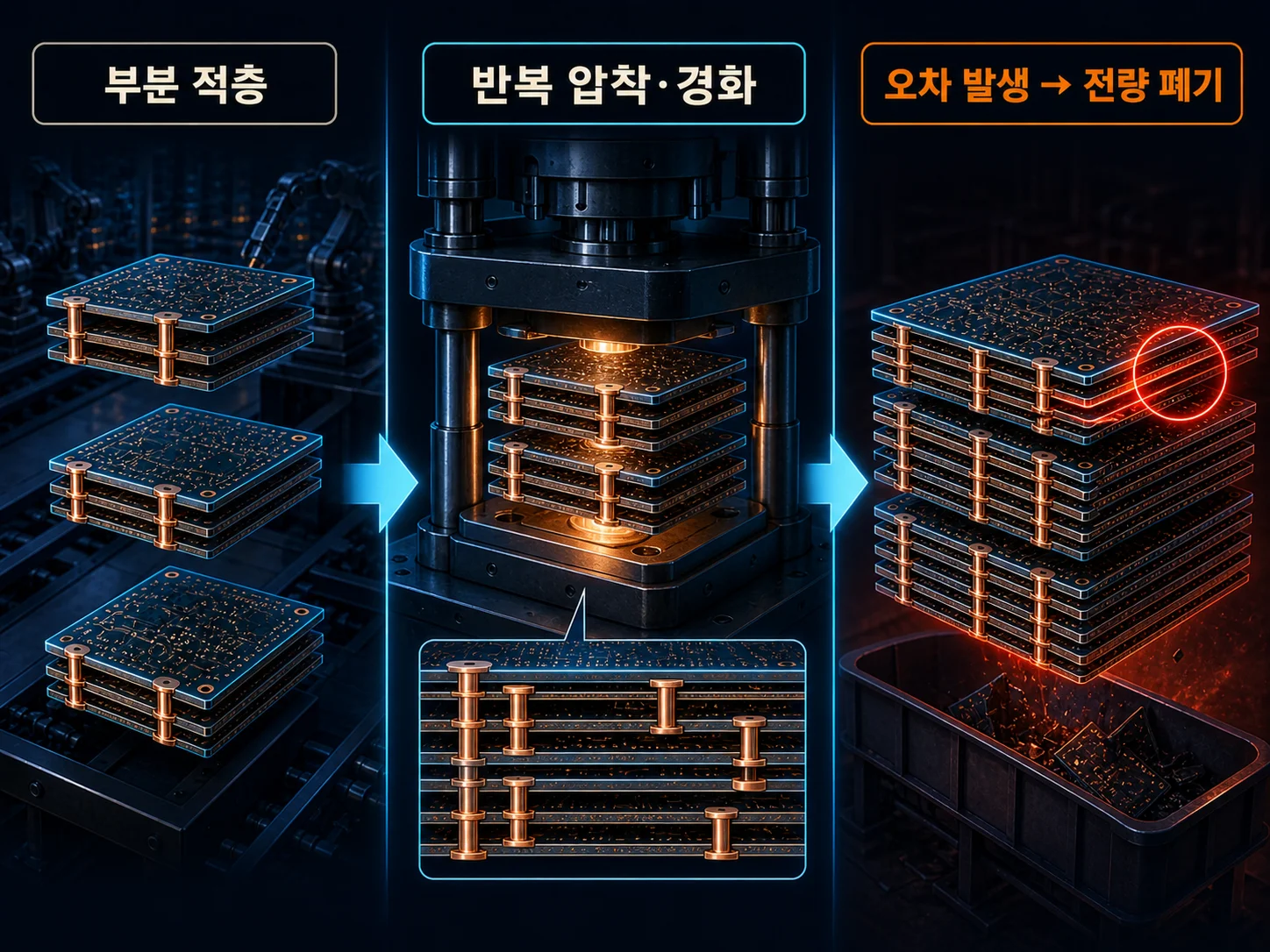 다중적층 공법으로 여러 번 눌러 붙이는 다층기판 제작 공정