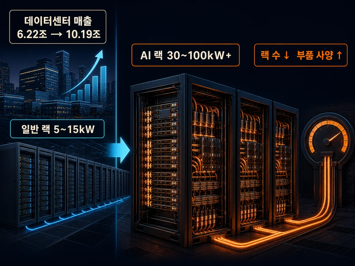 전력 밀도가 높아진 AI 서버 랙이 채워진 데이터센터 내부