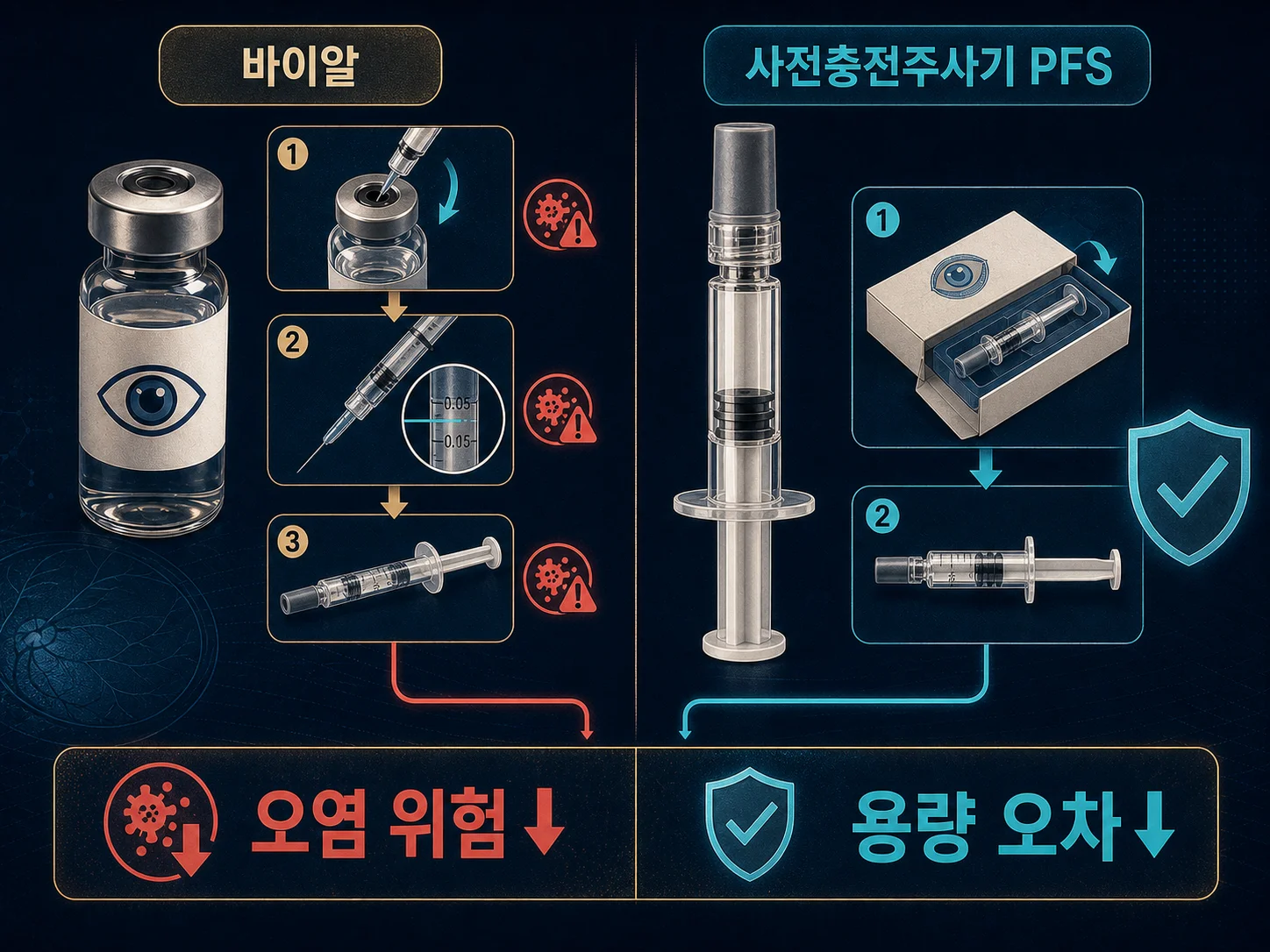삼천당제약 아일리아 바이오시밀러 사전충전주사기 PFS와 바이알 제형 비교