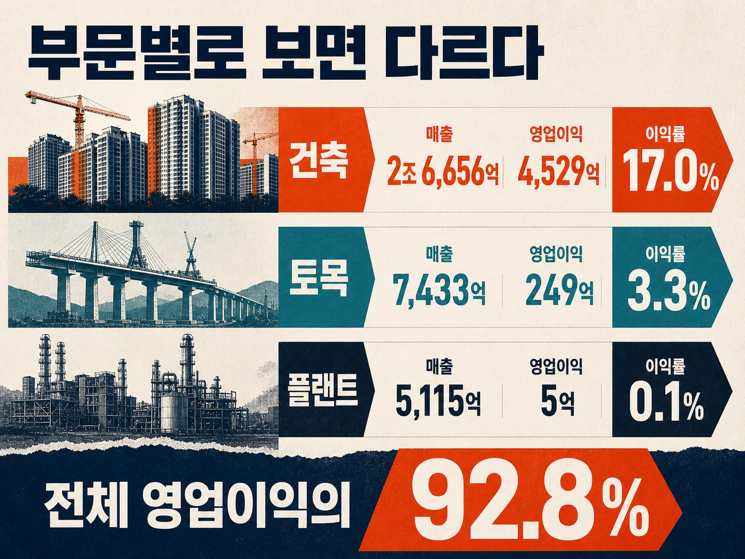 대우건설 부문별 매출과 영업이익률 비교표