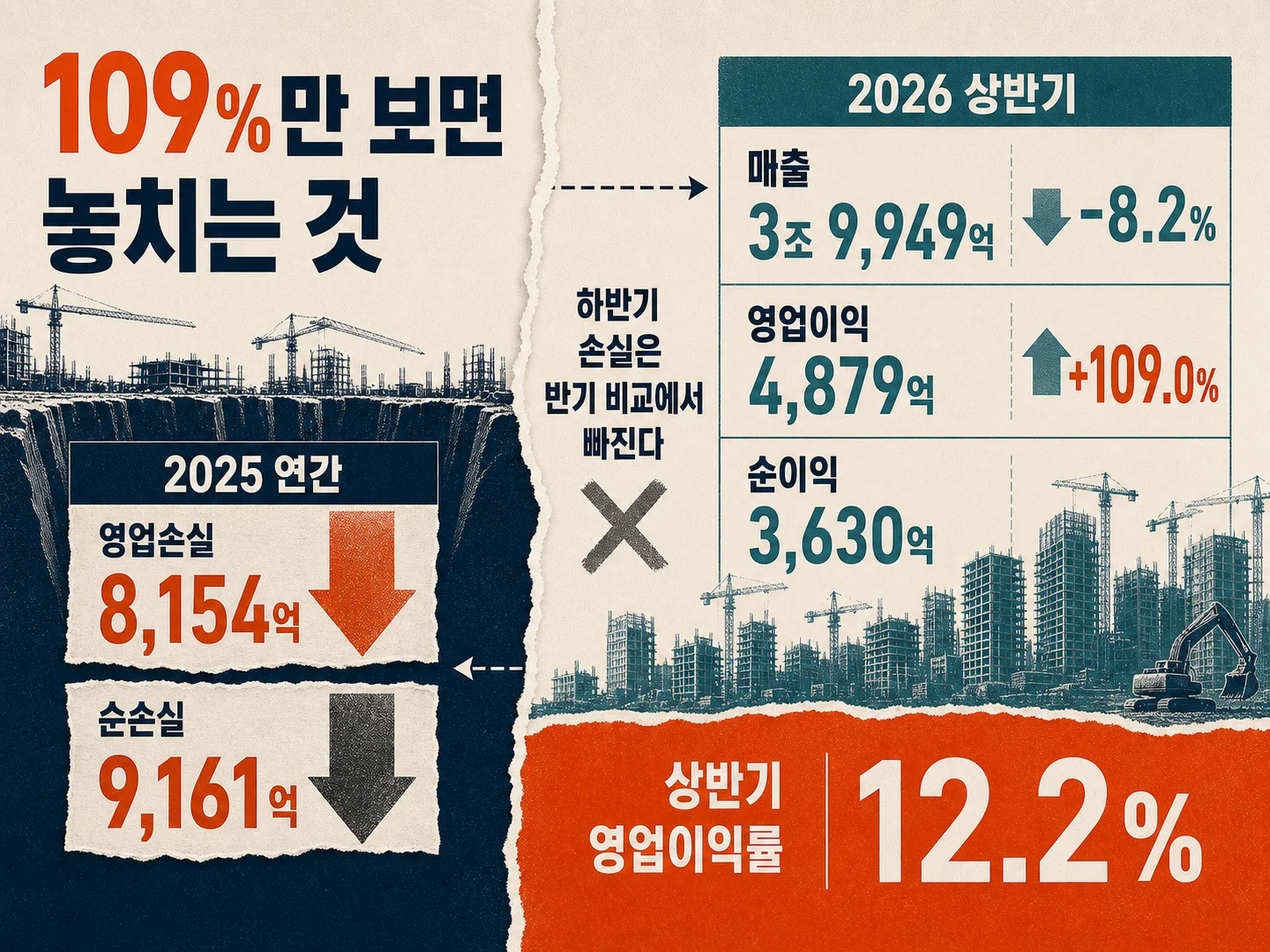 대우건설 상반기 영업이익률과 증가율 비교
