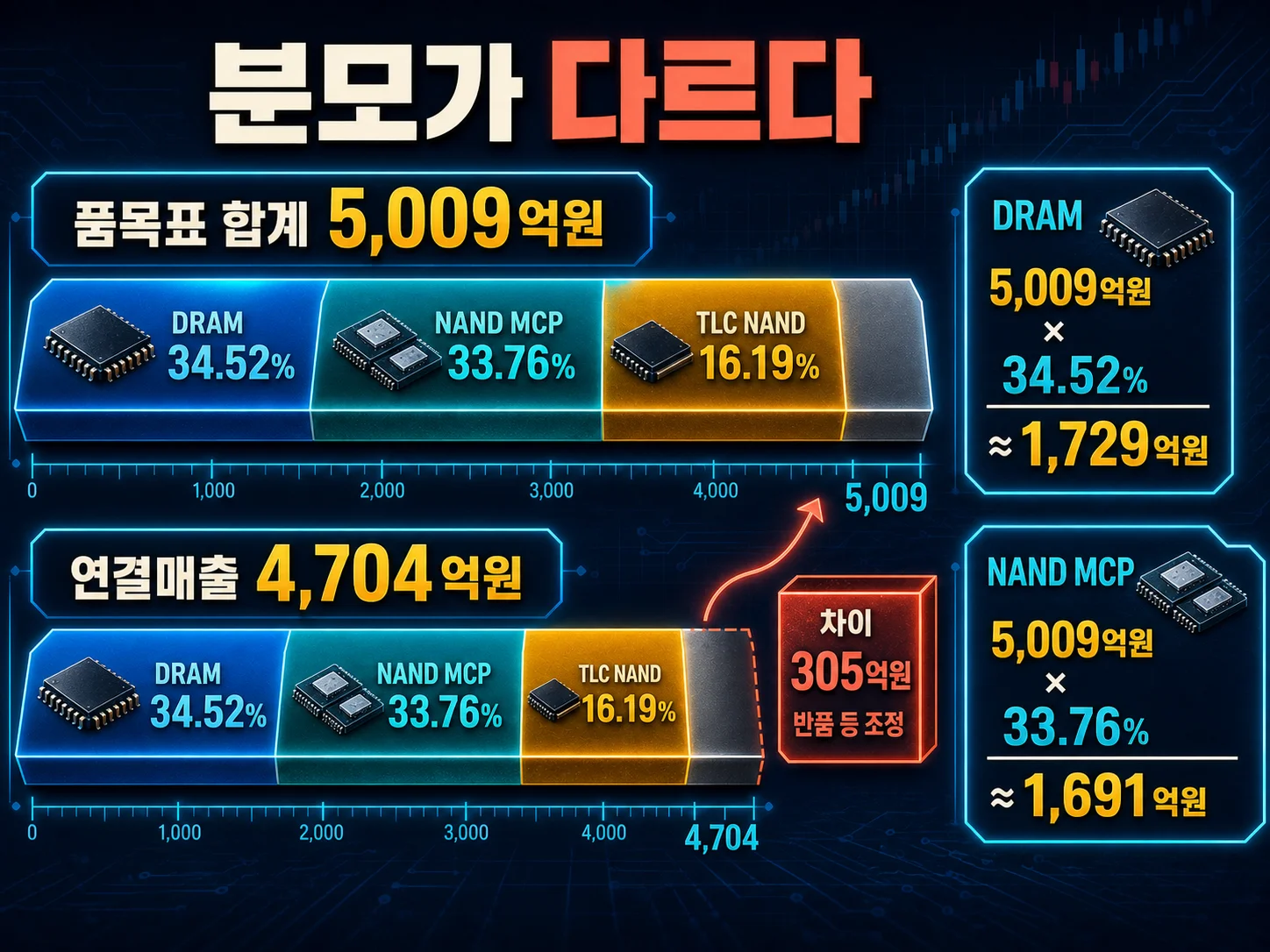 제주반도체 품목별 매출 비중, DRAM과 NAND MCP 중심 구성