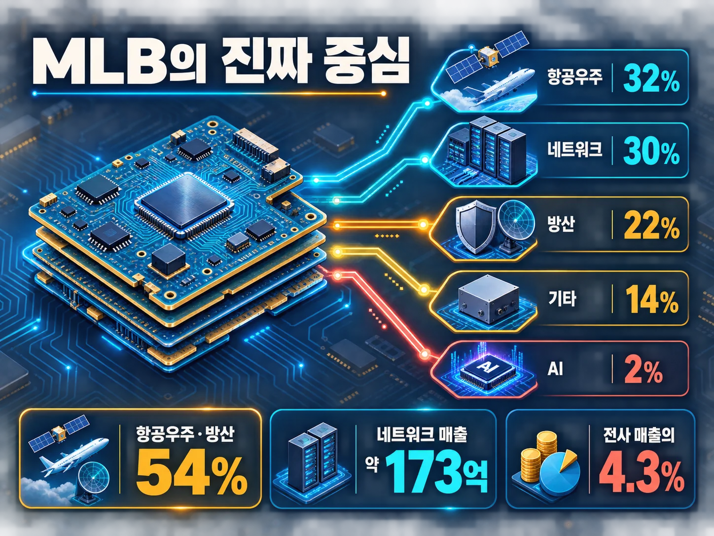대덕전자 MLB 응용처별 비중, 항공우주·방산·네트워크 비교