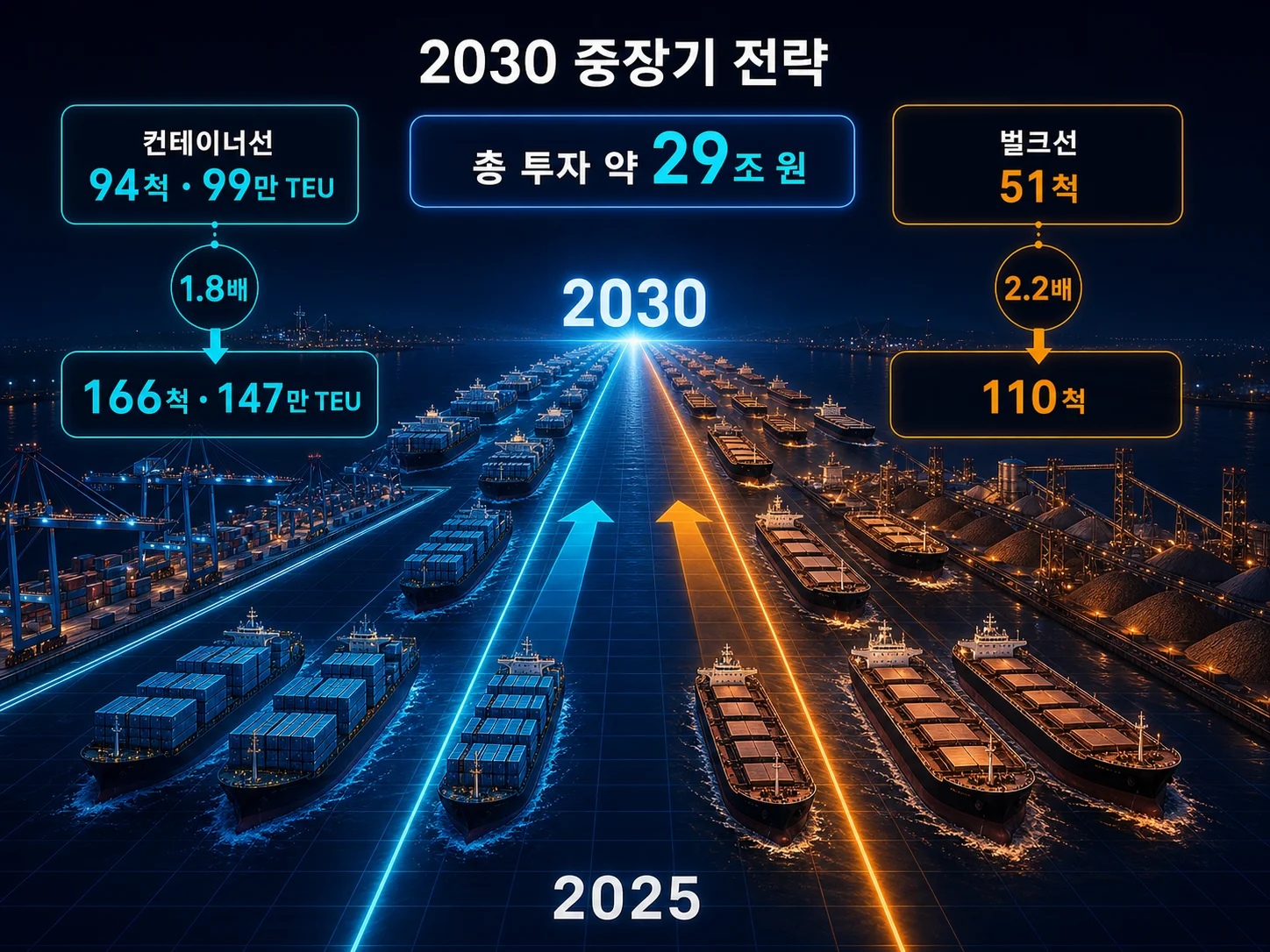 HMM 2030년까지 29조원 투자와 컨테이너선·벌크선 척수 확대 계획
