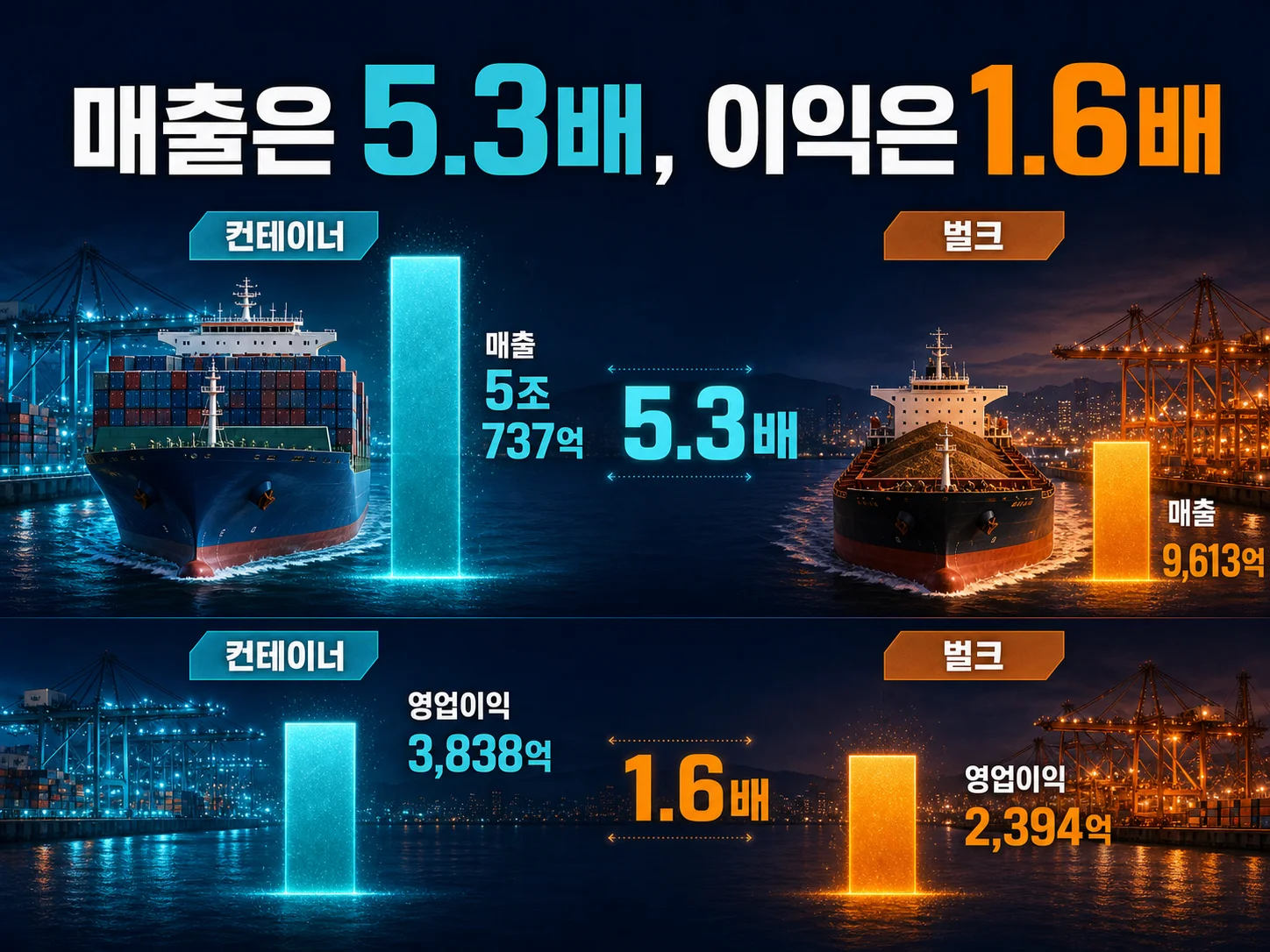 HMM 컨테이너 부문과 벌크 부문의 매출 비중과 영업이익 비중 비교