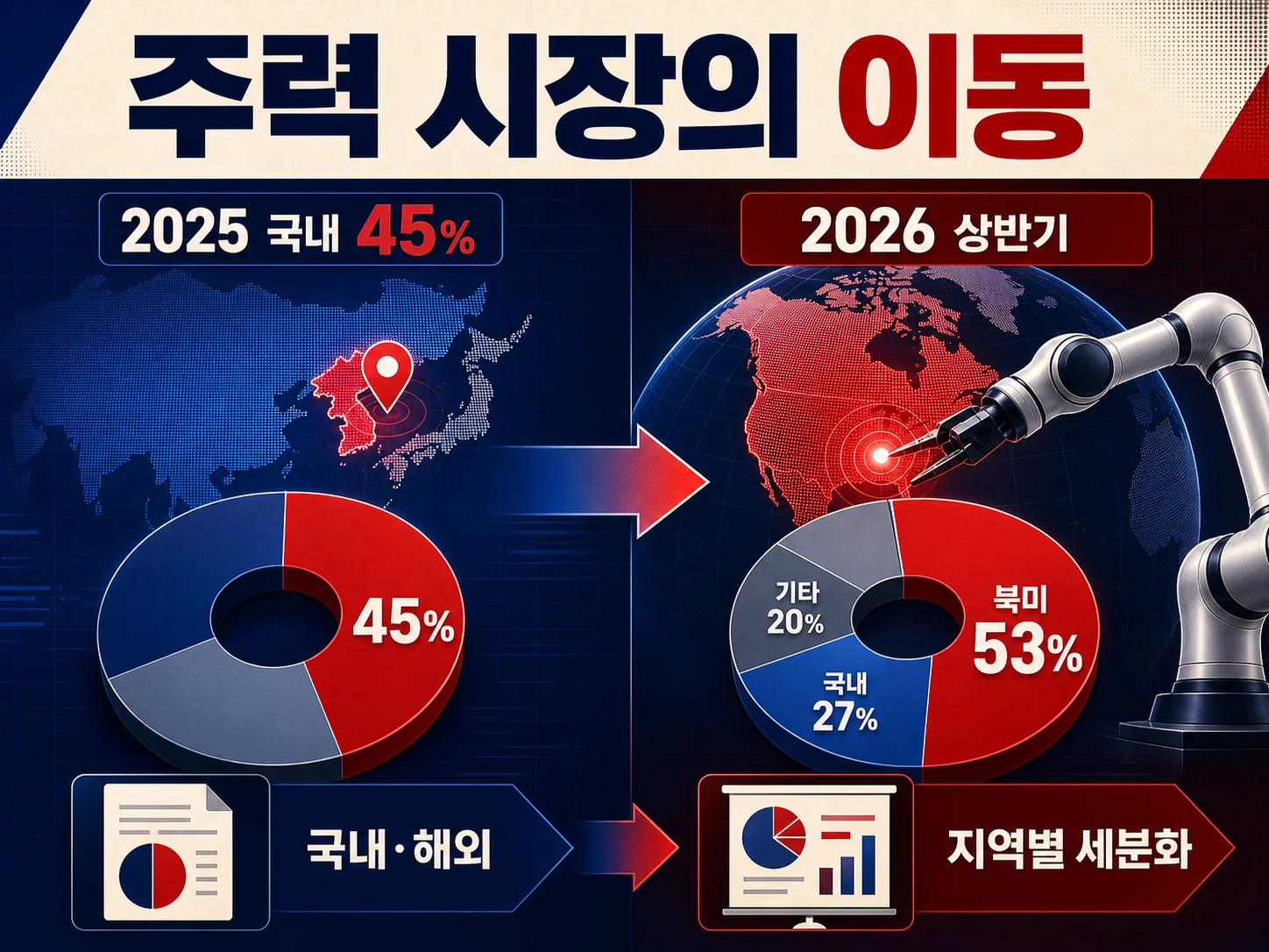 두산로보틱스 2026년 상반기 지역별 매출 비중, 북미 53%와 국내 27%를 비교하는 그래프