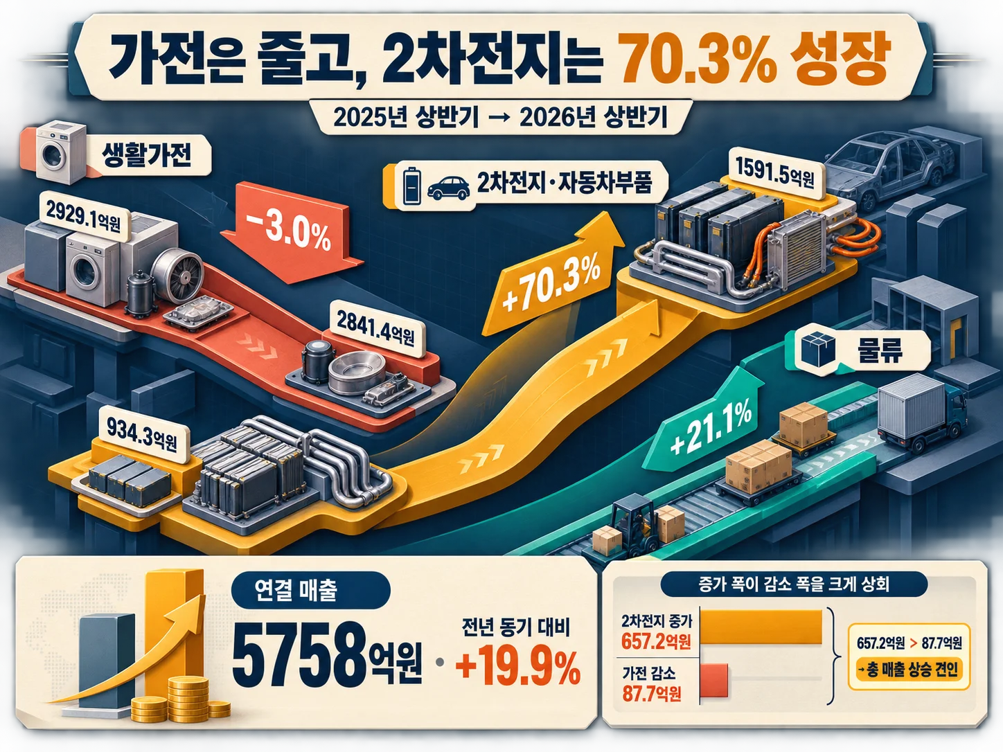 2차전지·자동차 부품 매출이 70.3% 늘며 생활가전 매출 감소를 메우는 흐름을 나타낸 이미지