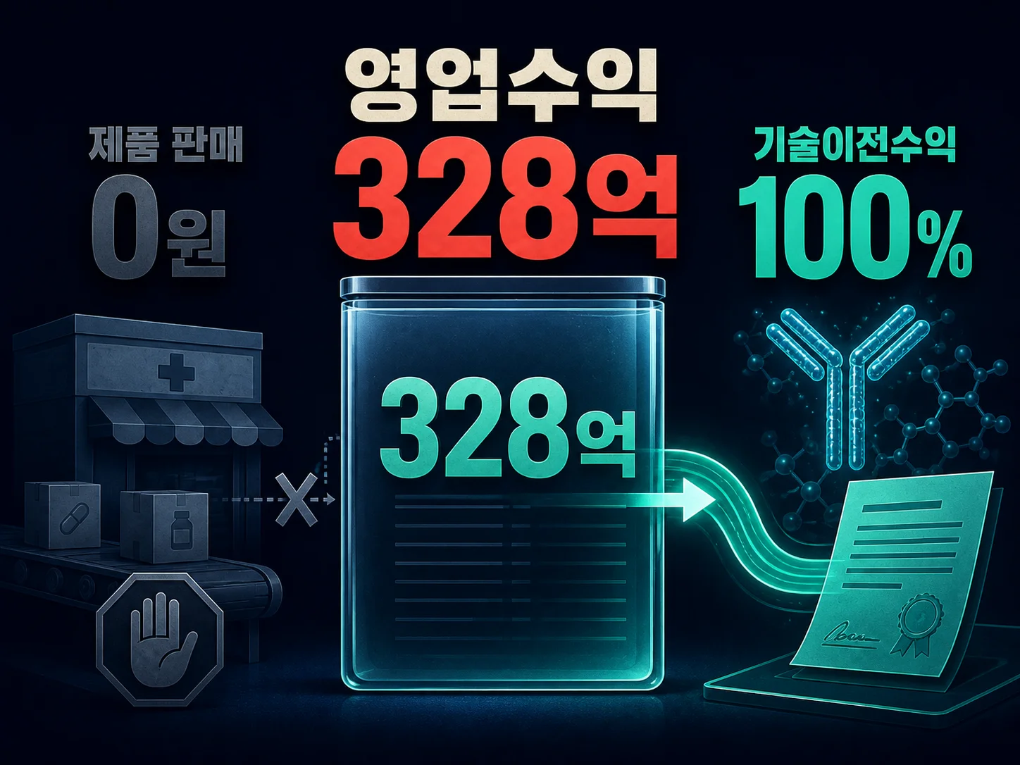 에이비엘바이오 영업수익 328억원이 전액 기술이전수익임을 보여주는 개념 이미지
