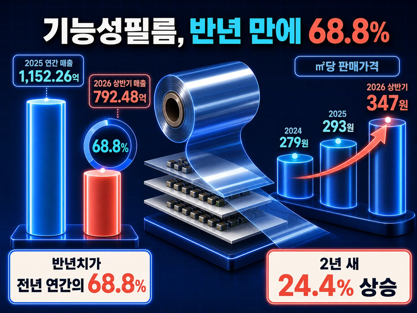 기능성필름 제곱미터당 판매 가격과 매출 증가 흐름