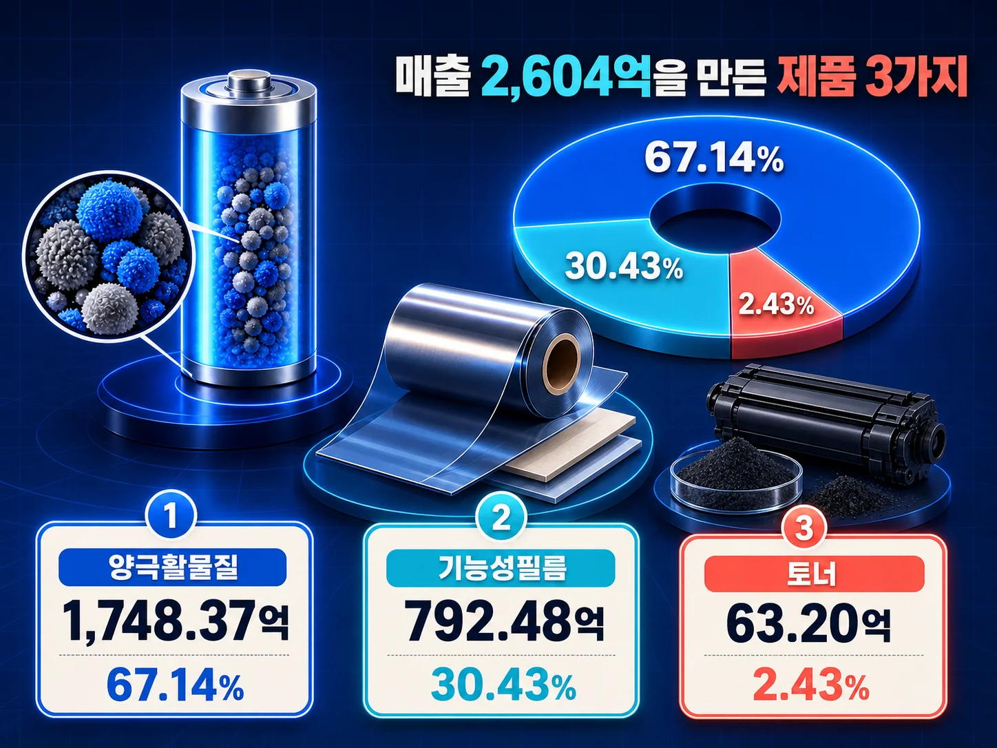양극활물질·기능성필름·토너로 구성된 매출 비중 구조도