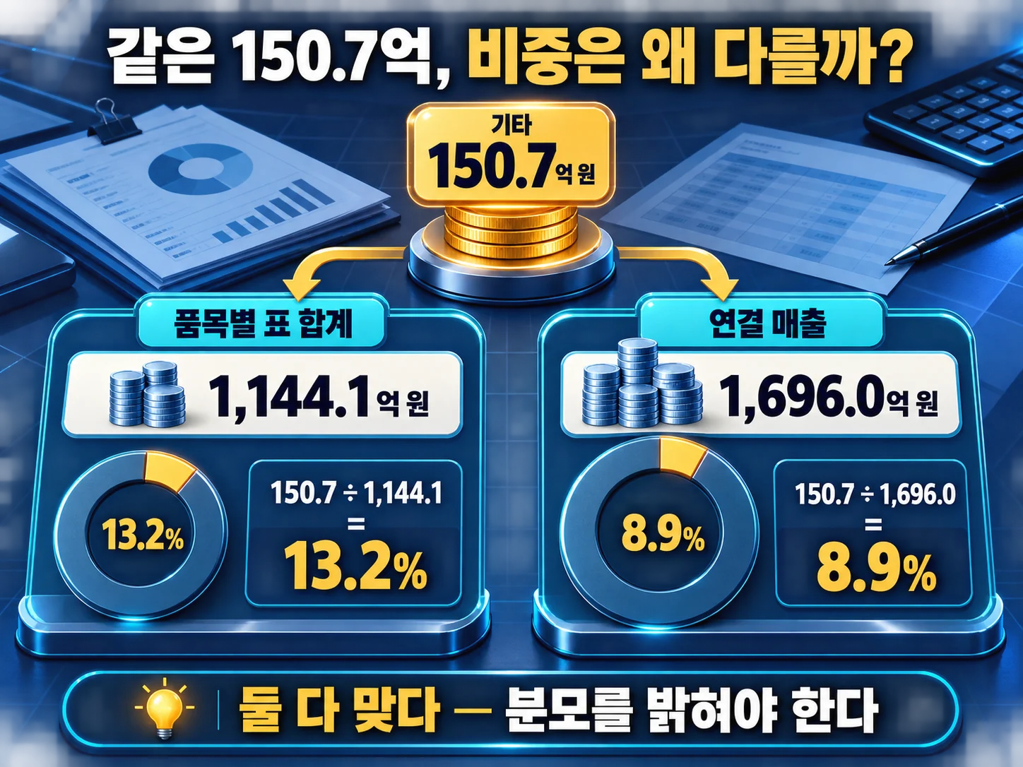 에스피지 기타 매출 150.7억 원의 비중이 분모에 따라 13.2%와 8.9%로 달라지는 비교