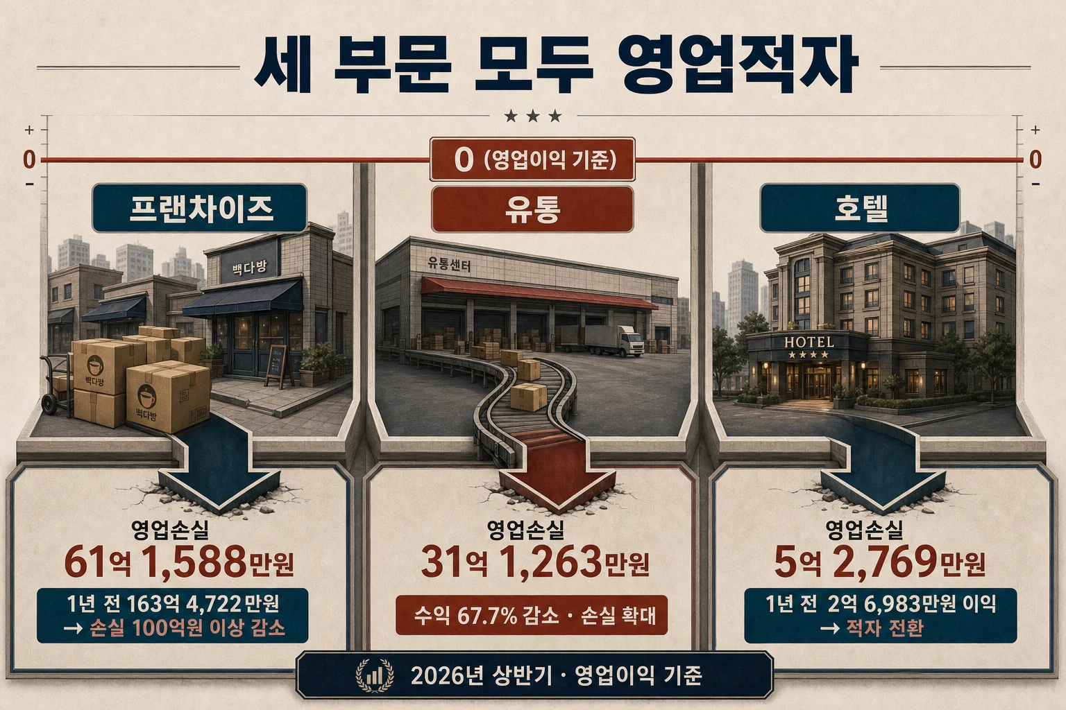 프랜차이즈 유통 호텔 세 부문이 모두 영업손실을 기록한 현황