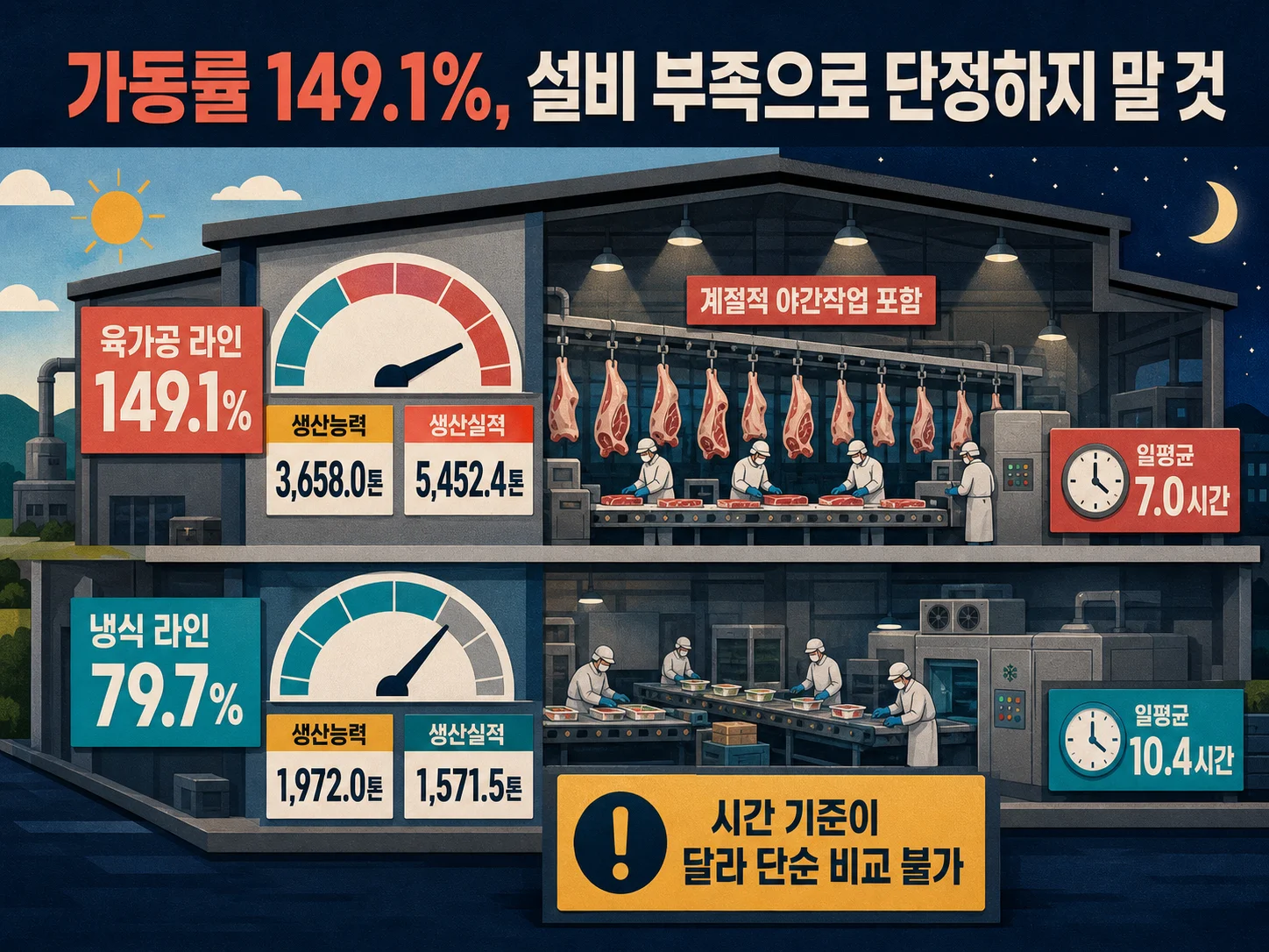 한성기업 김해공장 육가공 라인 가동률 149.1퍼센트의 생산능력 산출 구조