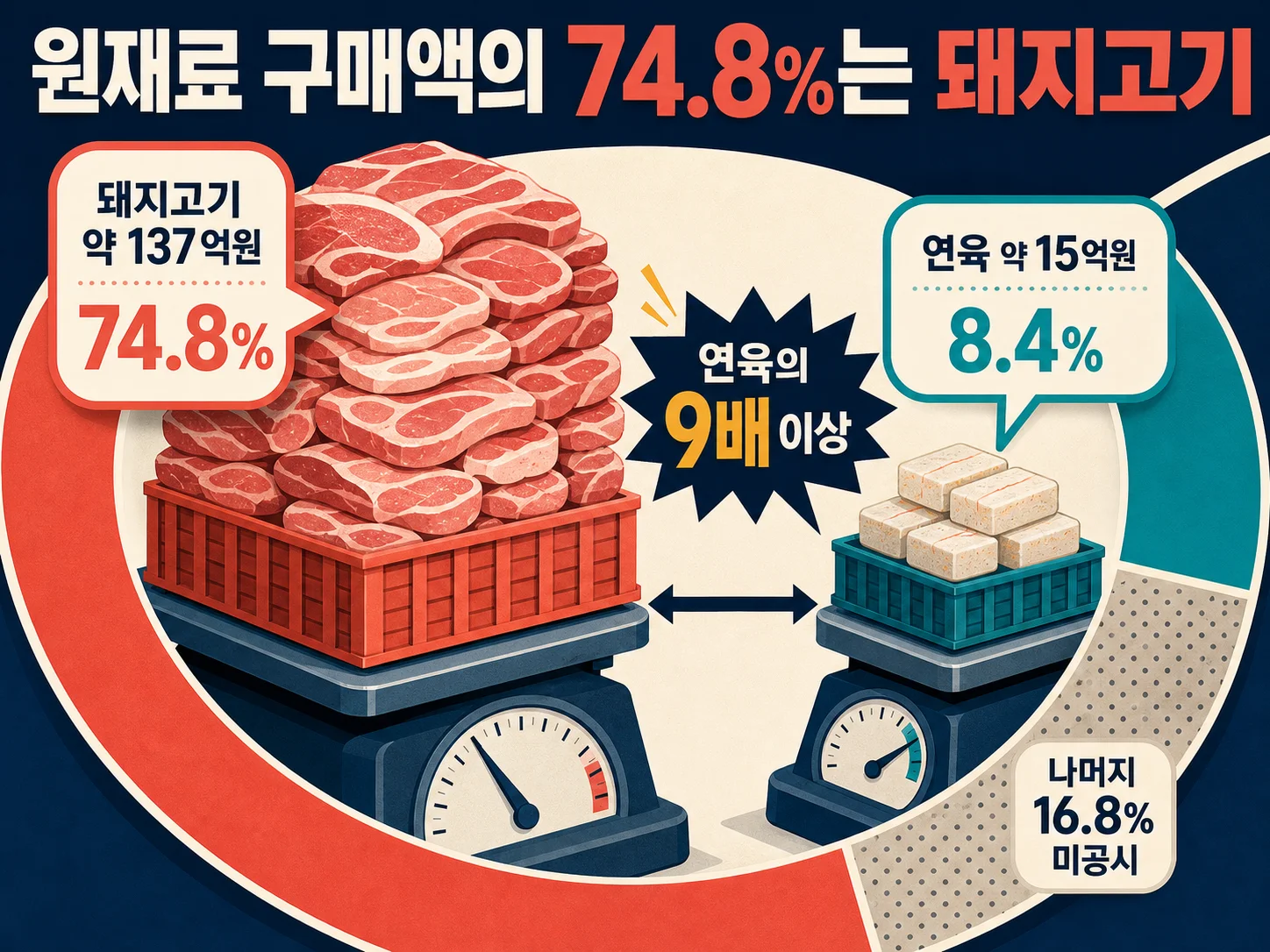 한성기업 원재료 구매액 중 돼지고기 비중 74.8퍼센트를 나타낸 매입 구성