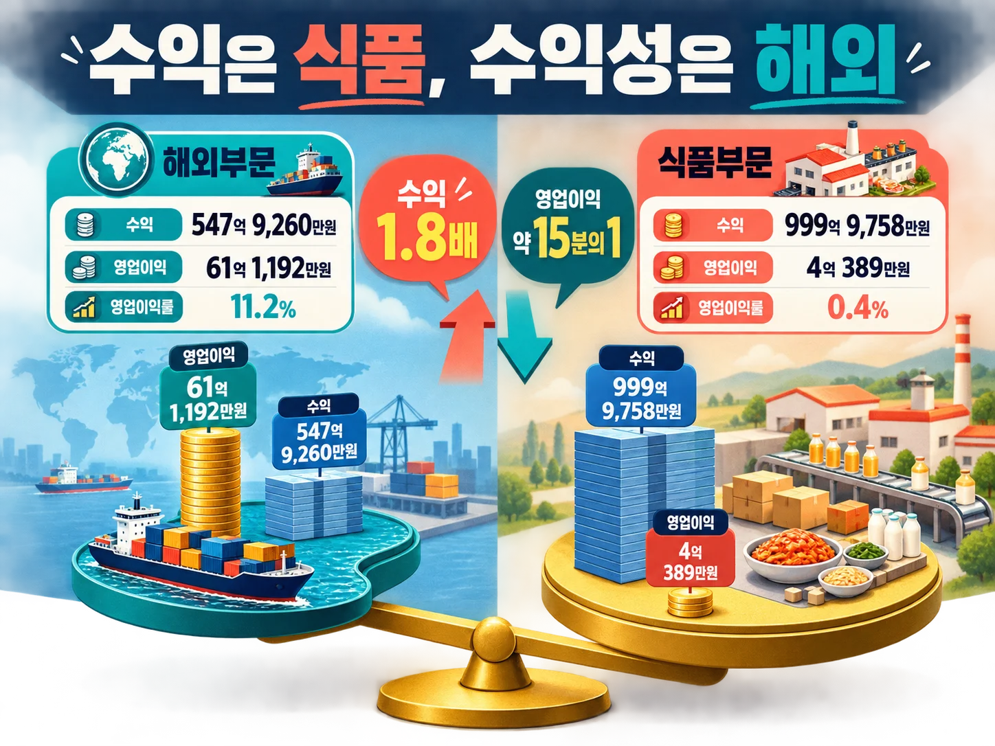 한성기업 해외부문이 전체 영업이익 91퍼센트를 차지하는 부문별 손익 비교