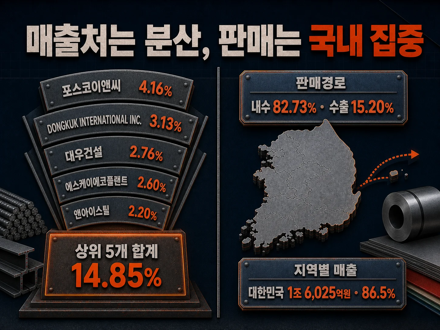동국제강 매출처 분산과 내수 82.73% 수출 비중 현황
