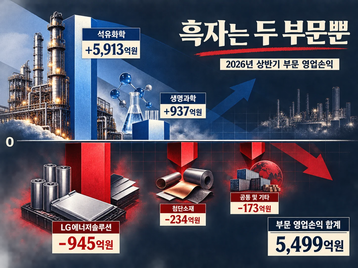 LG화학 부문별 영업손익 비교, 석유화학과 생명과학만 흑자 기록