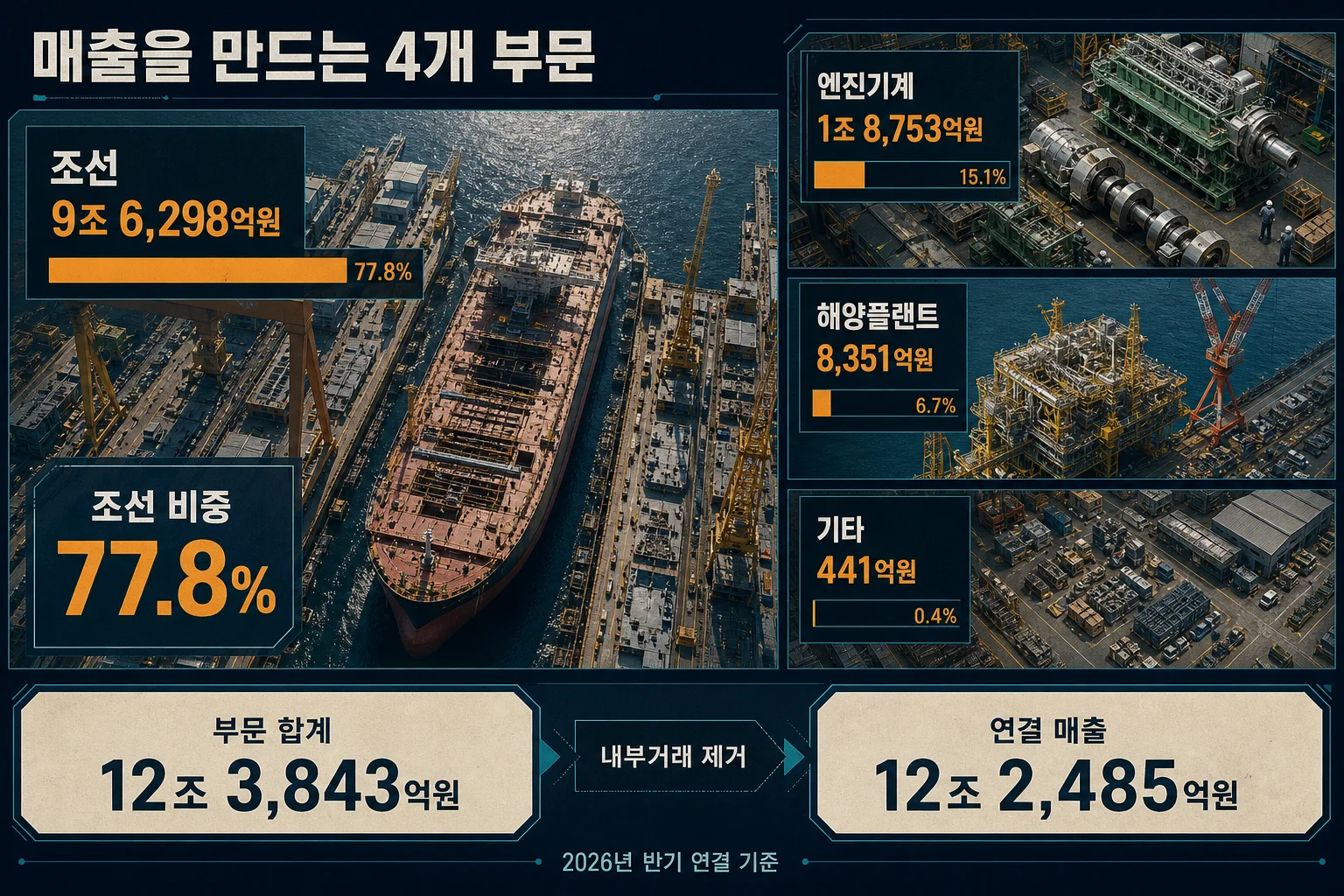 조선·엔진기계·해양플랜트 부문별 매출과 영업이익 비중을 나타낸 이미지