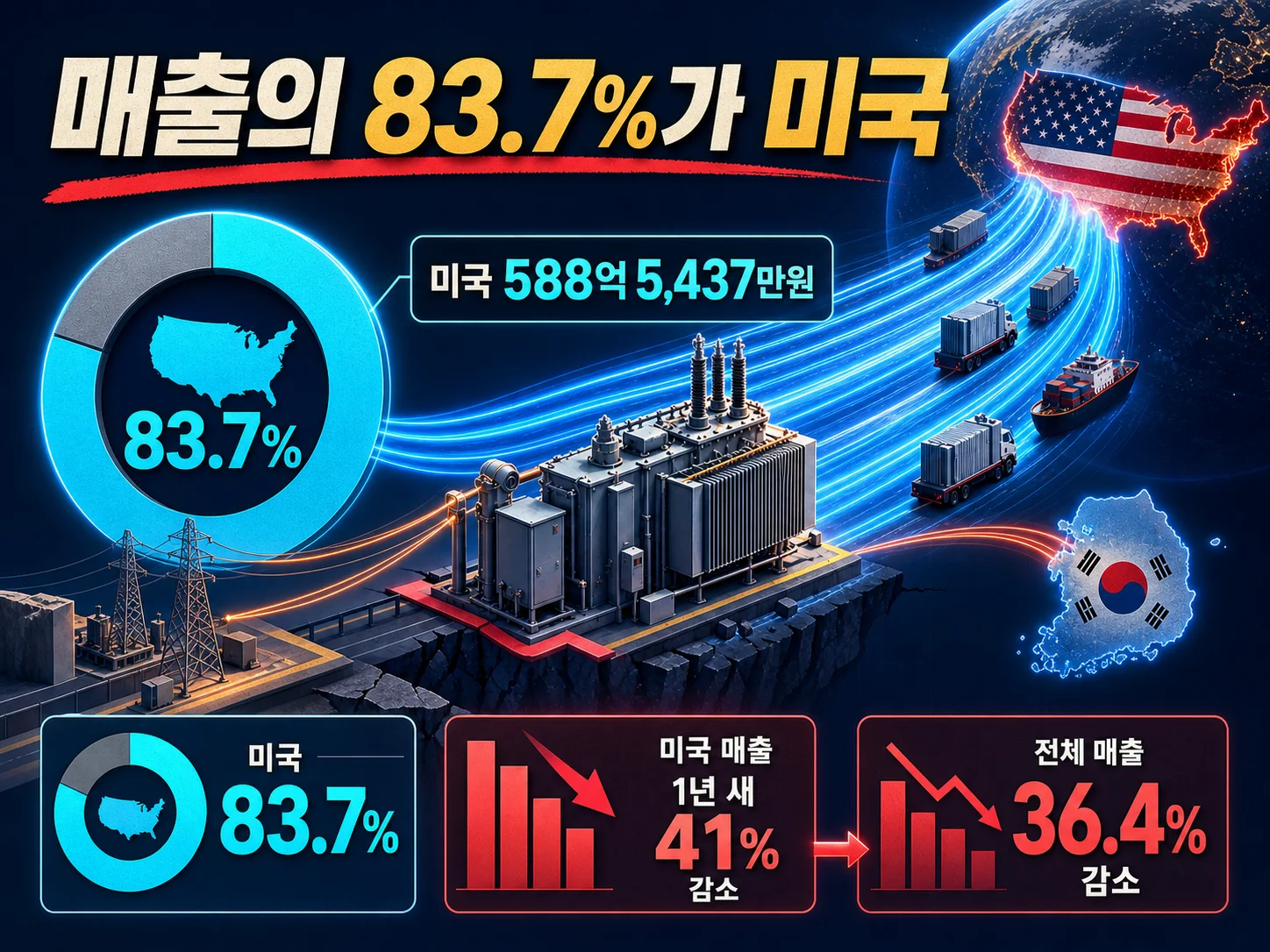 제룡전기 지역별 수익 중 미국 비중 83.7% 도표