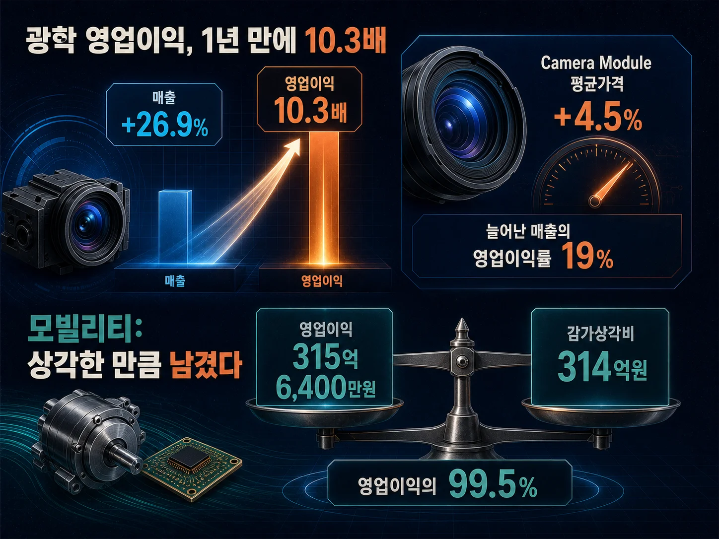 광학솔루션 영업이익 1년 만에 10배 증가와 모빌리티솔루션 감가상각비 부담 비교